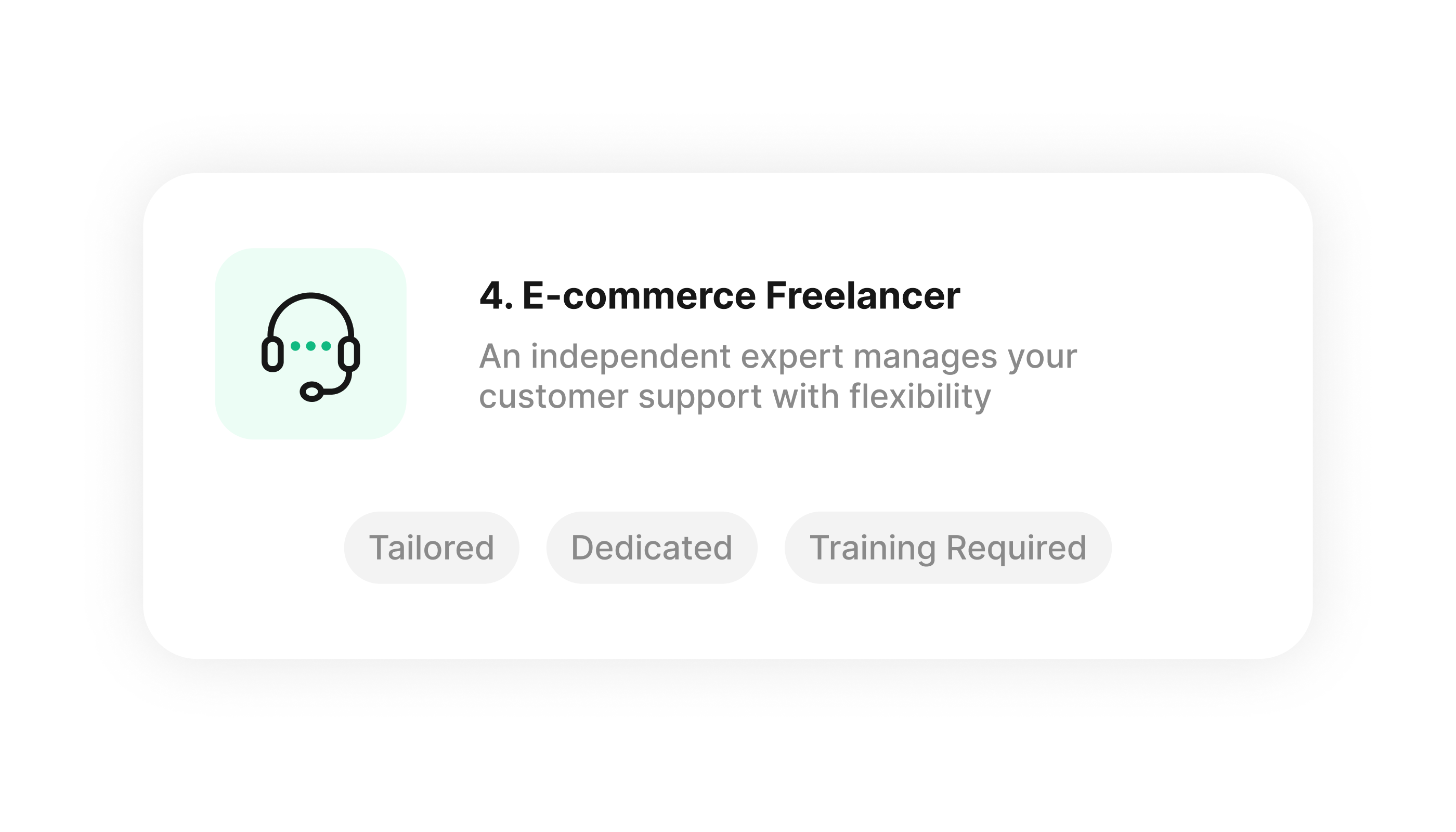 Ecommerce freelancer card highlighting tailored support, a dedicated resource and required training